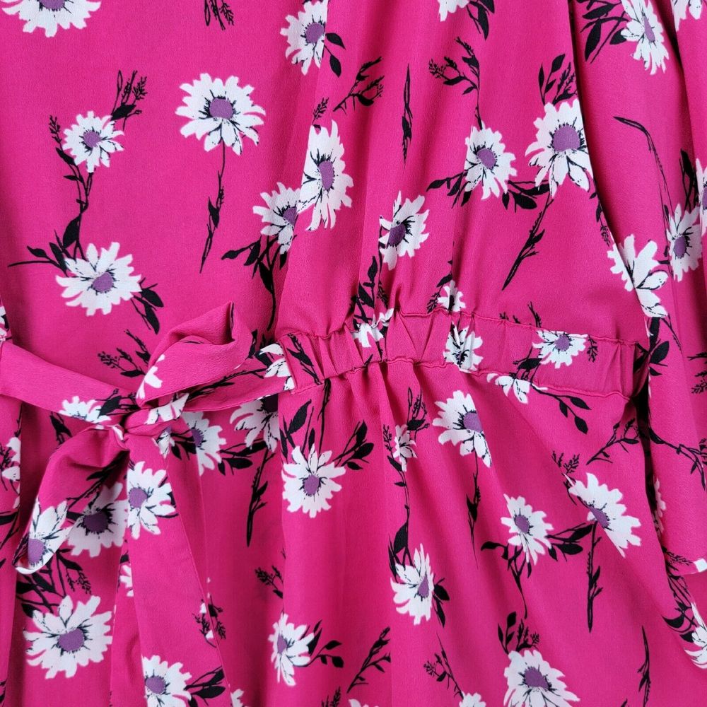 Lane Bryant Blouse Women 26/28 Pink Floral Print Bat Flared Sleeve Kimono Belted - Picture 7 of 14